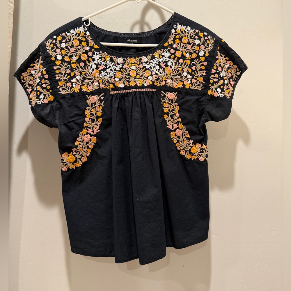 Madewell Black Top with Floral Embroidery